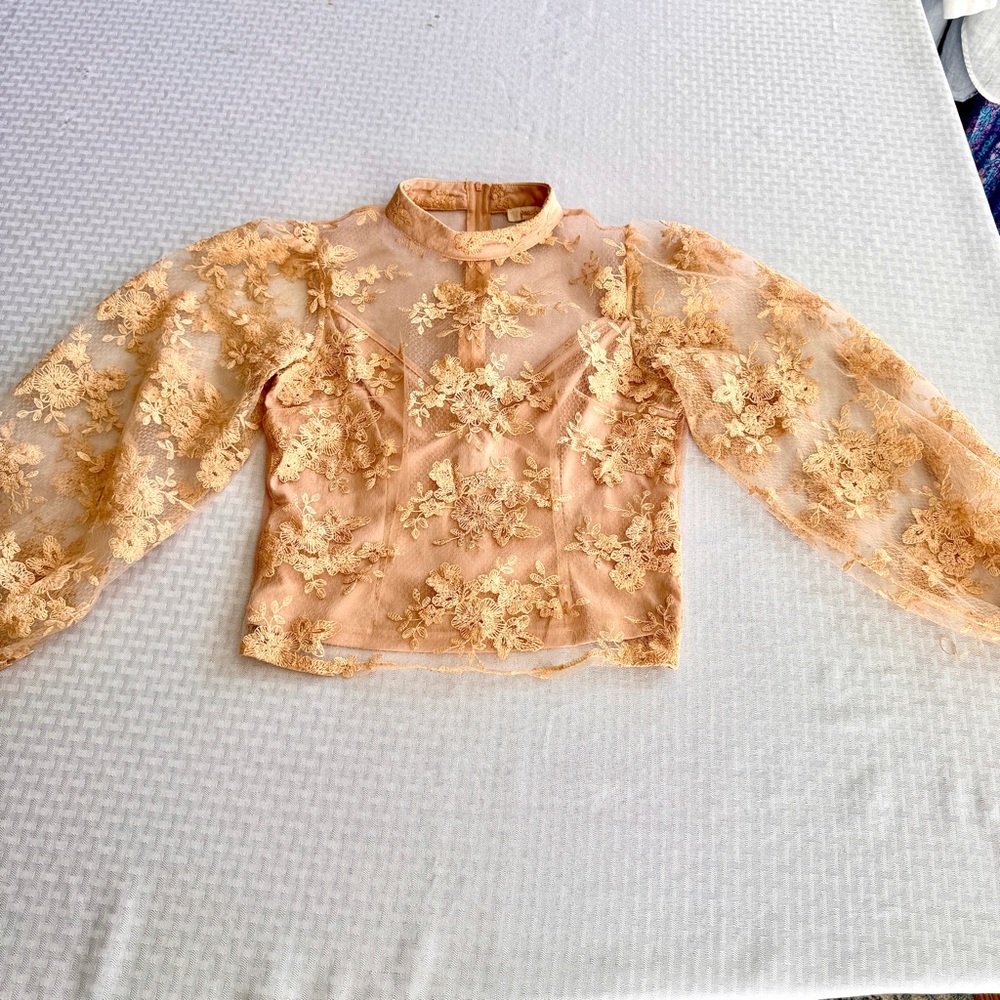 Peach Sheer Embroidered Lace Puff Sleeve Top Womens‎ L Romantic Cottagecore